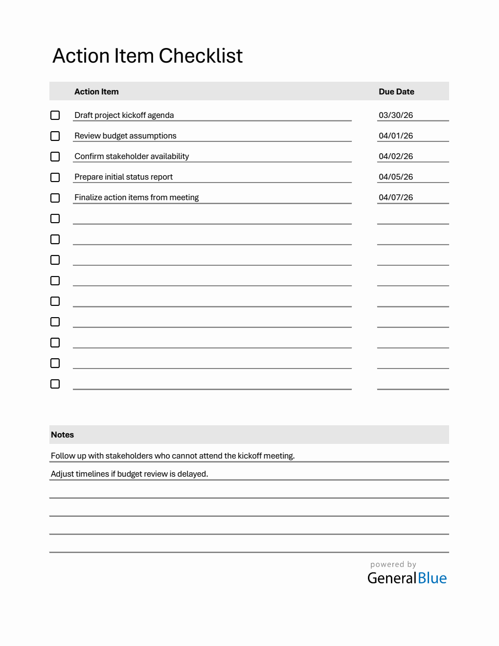  Action Item Checklist Template (Excel)