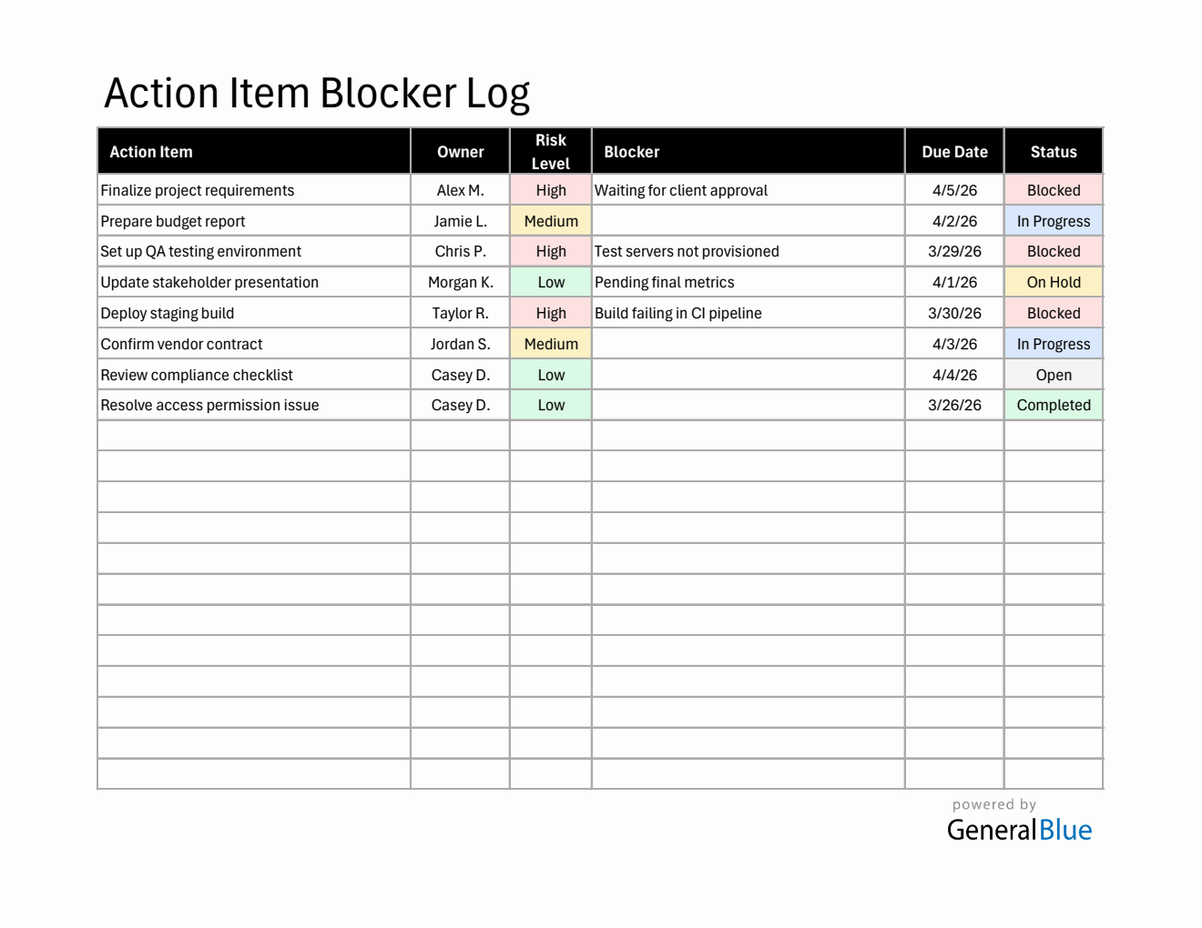 Action Item List Template Free Downloadable in Excel
