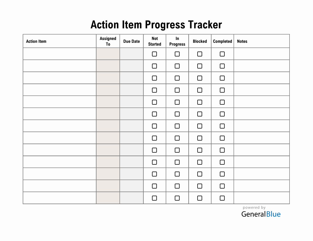 Printable Action Item Progress Tracker (Excel Format)
