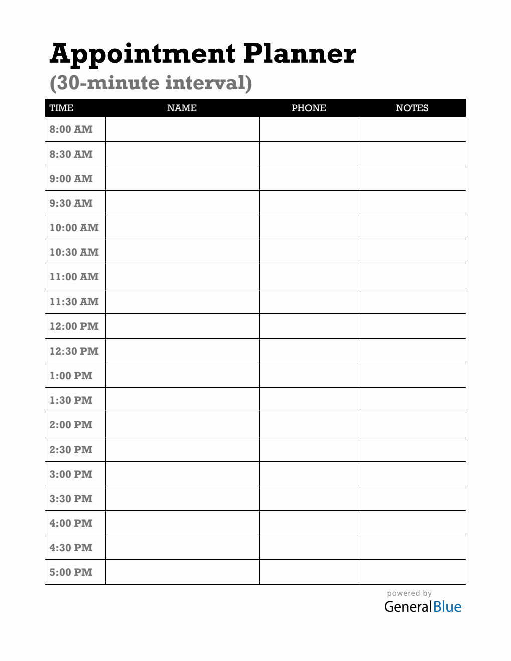 Free Basic Appointment Sheet PDF (30-Minute Interval Schedules)