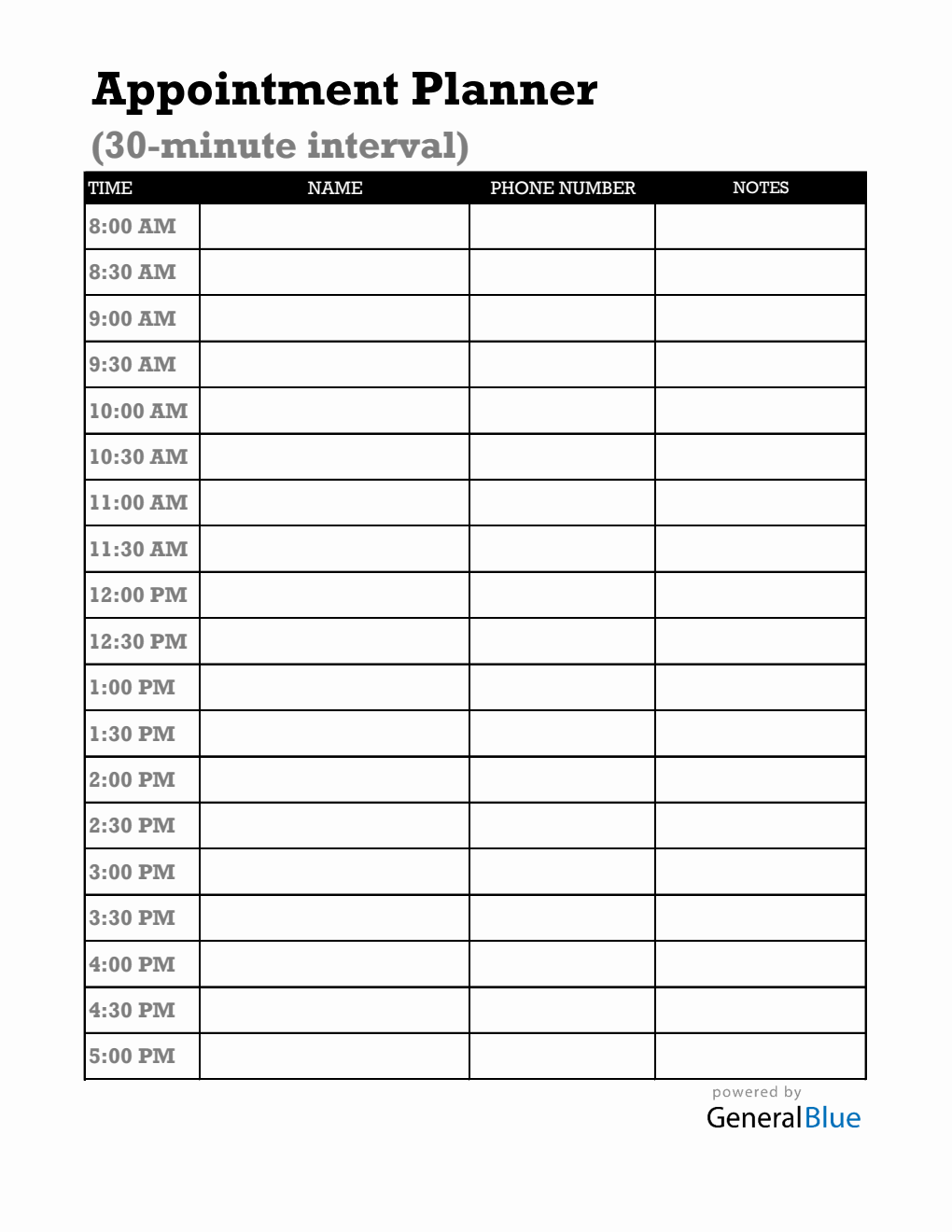 Basic Appointment Planner (30-Minute Interval) in Excel