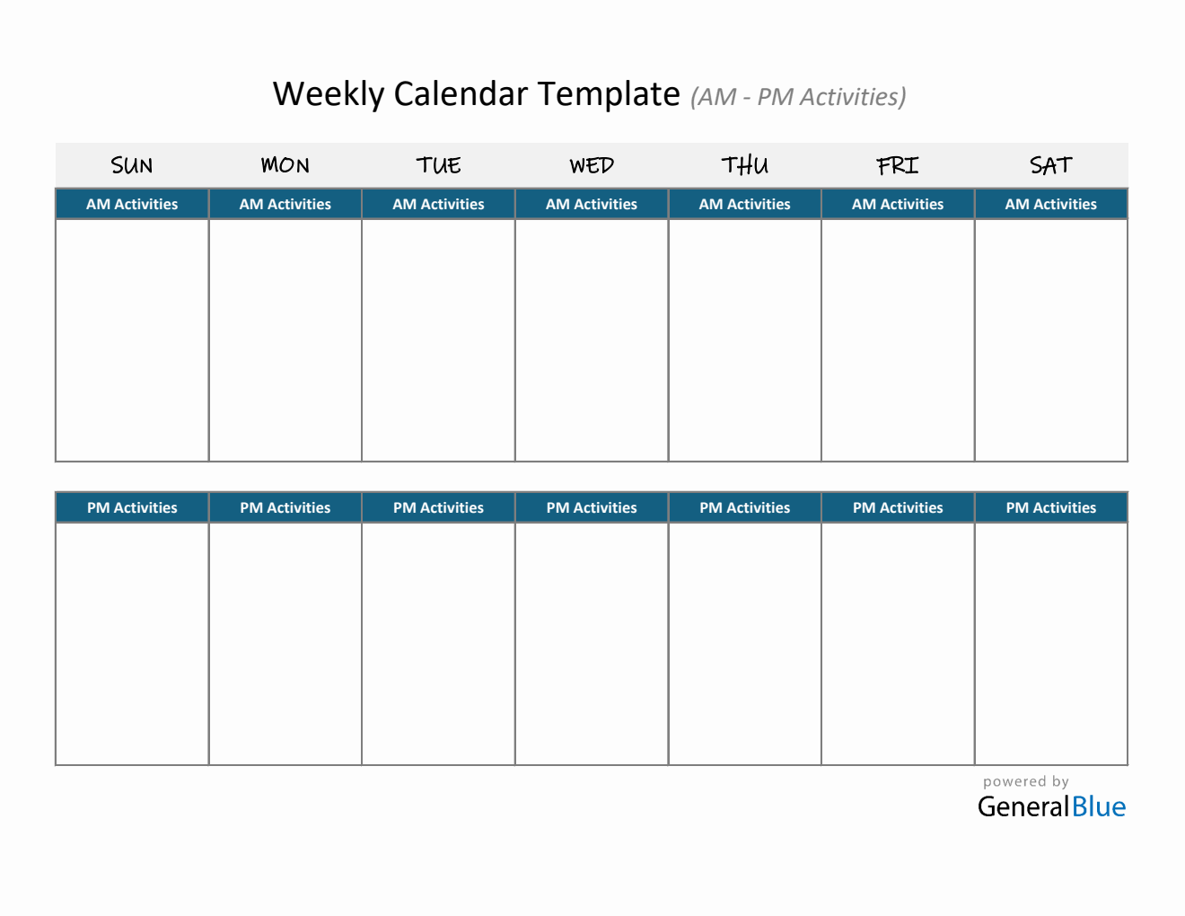 At-A-Glance Weekly Calendar Downloadable in Excel (AM-PM Layout)