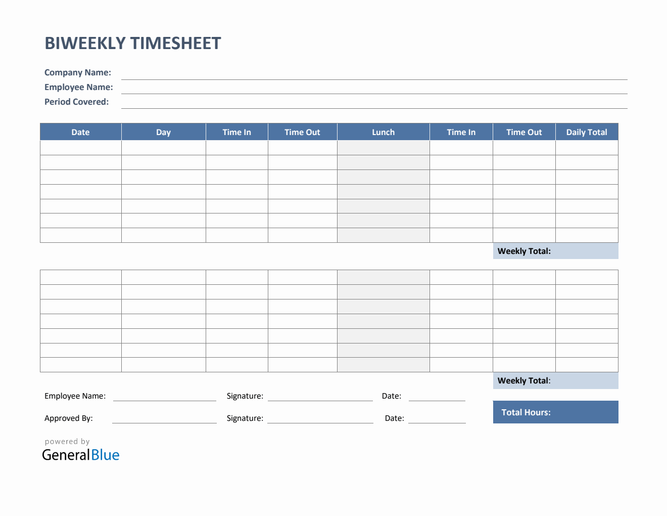 Biweekly Timesheet with Lunch Break in PDF