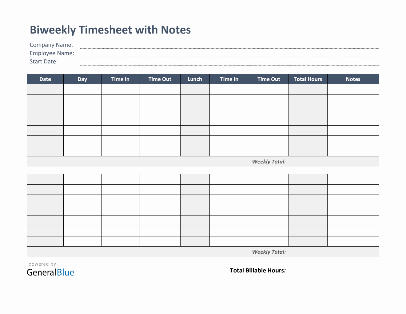 Biweekly Timesheet With Notes in PDF