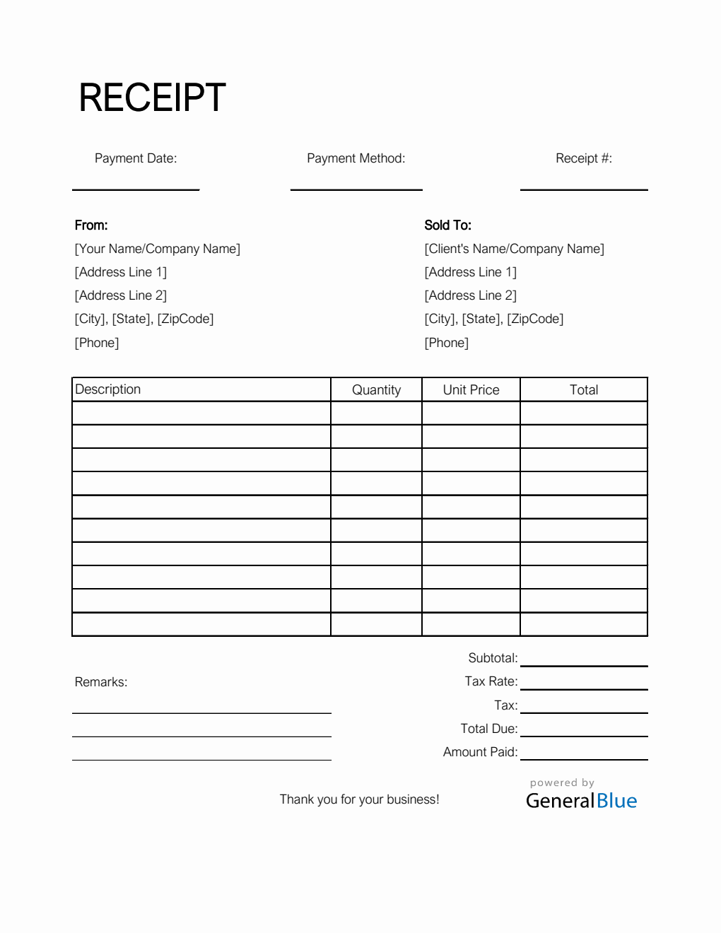 Blank Receipt Template in Excel (Simple)