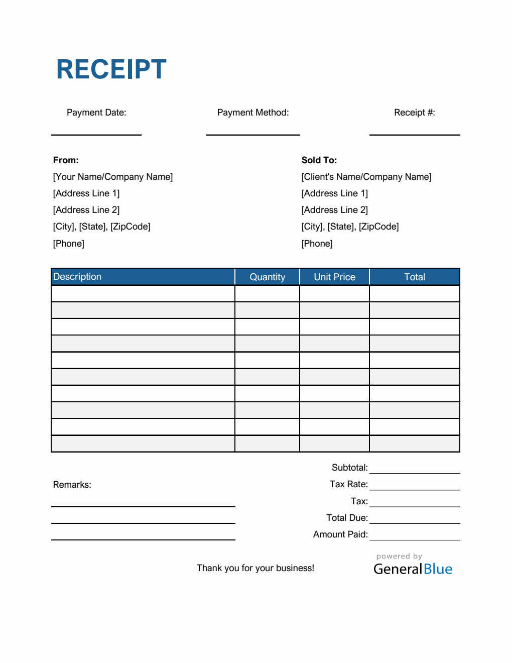 Blank Receipt Template in Excel (Striped)