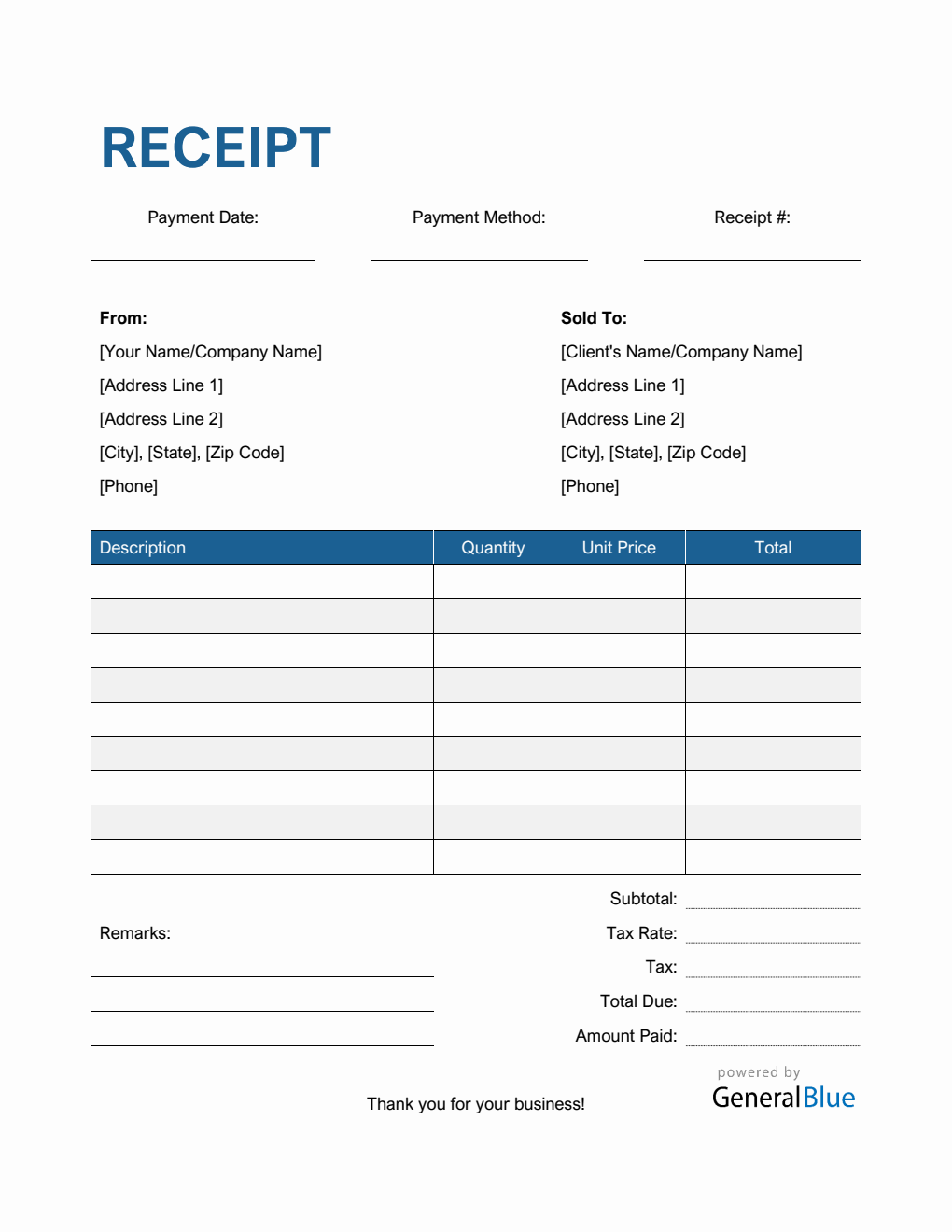 Blank Receipt Template in Word (Striped)