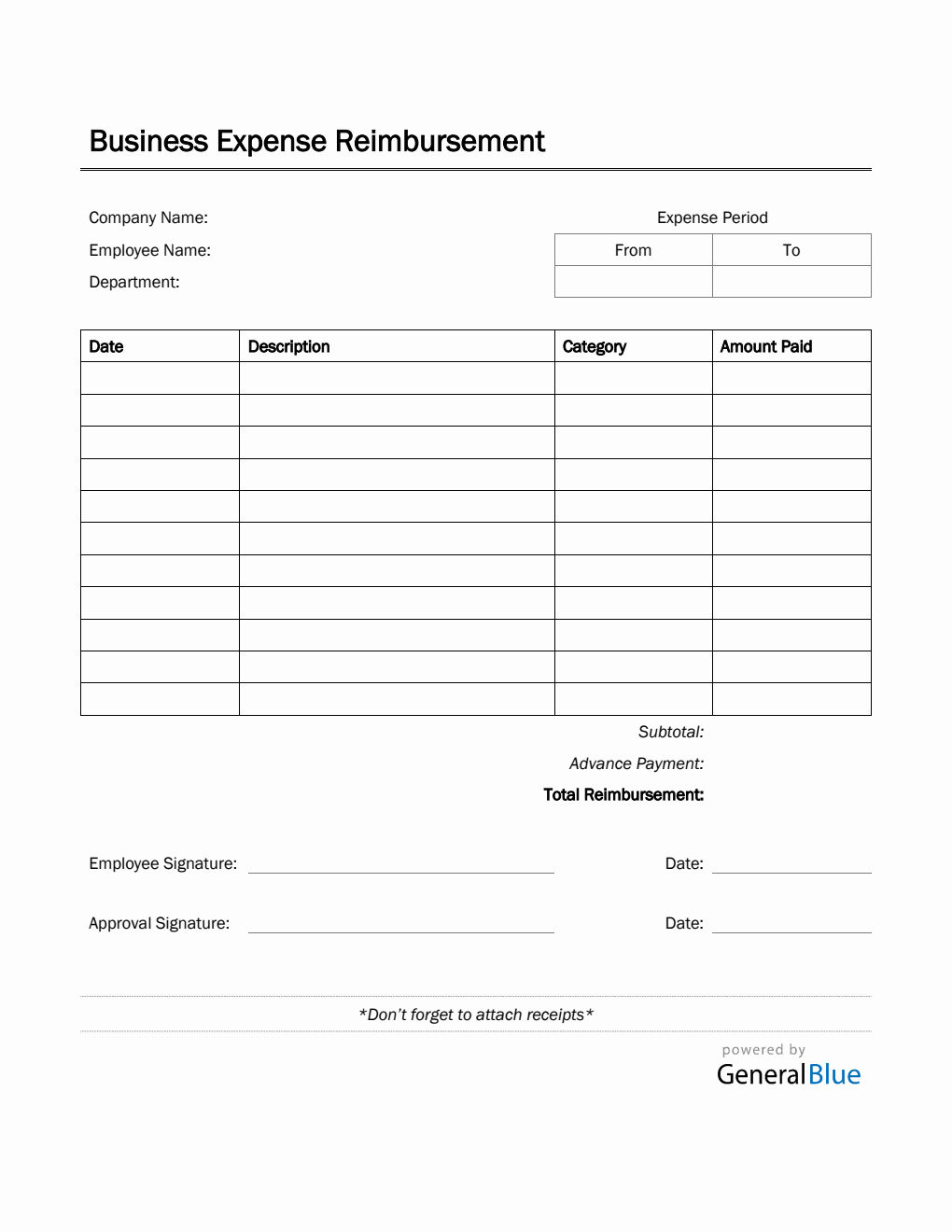 Business Expense Reimbursement in Word (Printable)