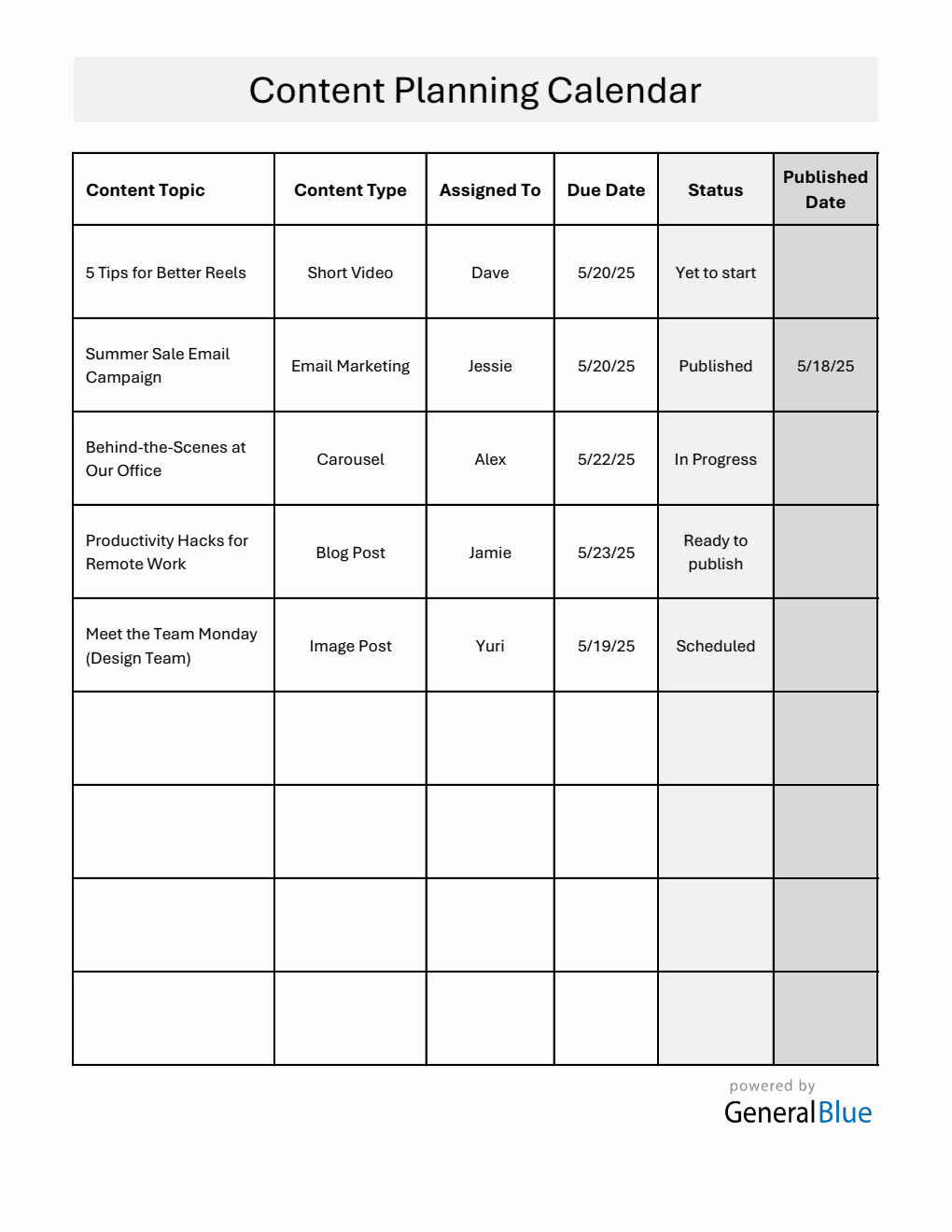 Free  Content Planning Calendar in Excel