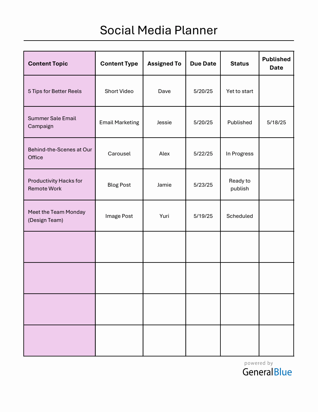 Free Downloadable Content Planning Calendar in Excel
