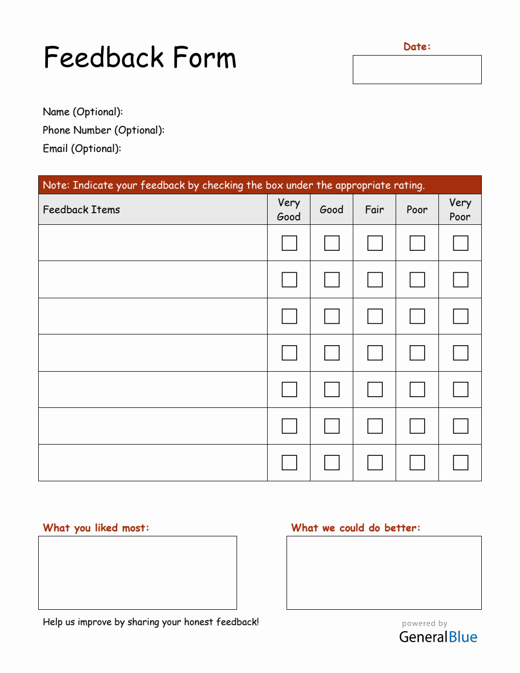 Editable Customer Feedback Form PDF