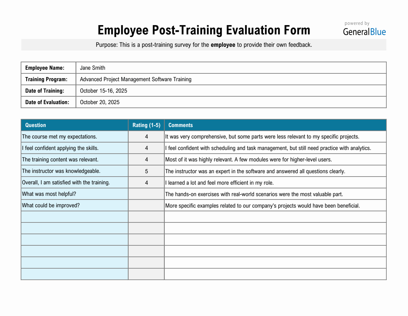 Free Employee Post-Training Evaluation Form Editable in Excel