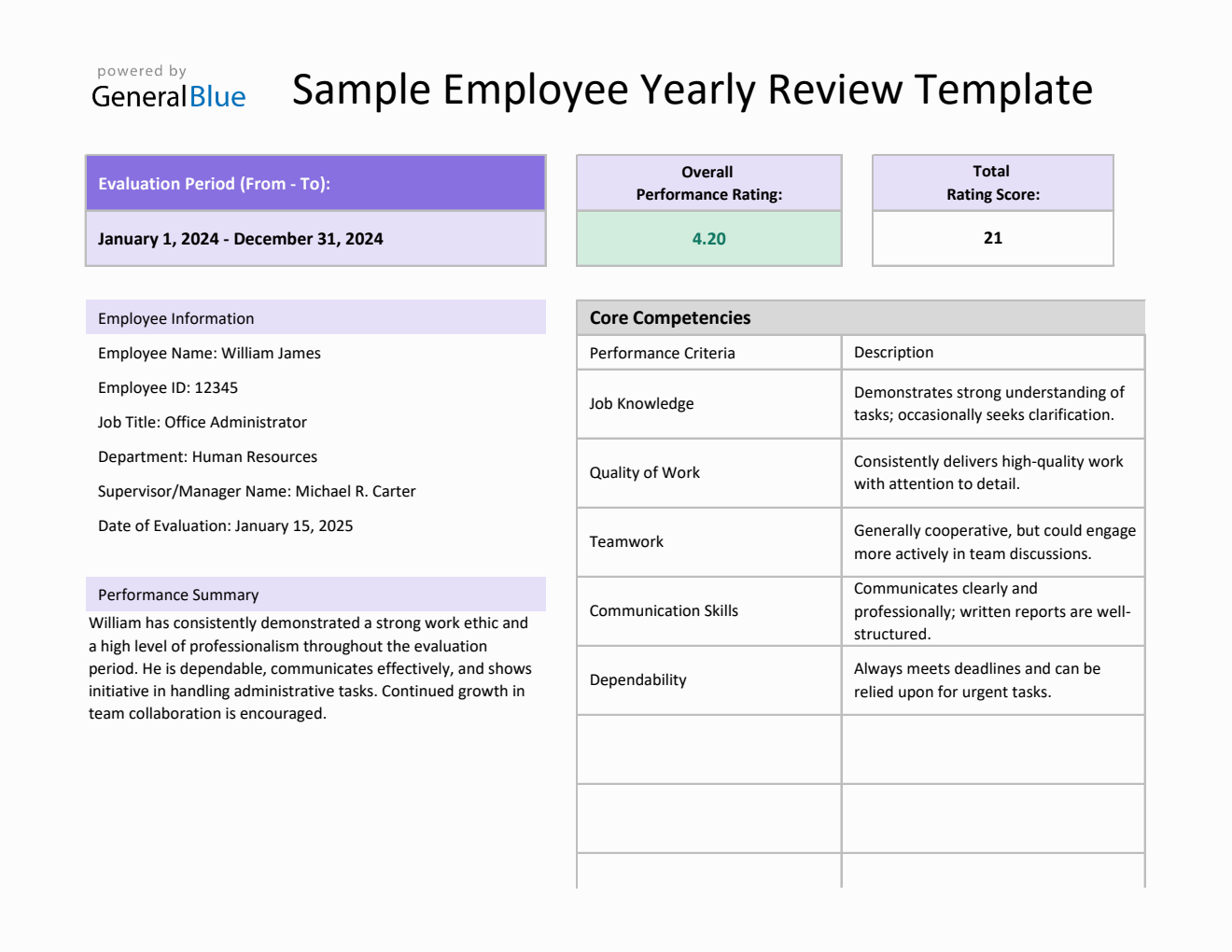 Professional Employee Yearly Review Template in Excel Spreadsheet