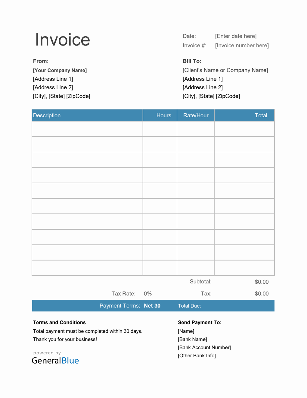 Excel Invoice Template for U.S. Freelancers With Tax calculation (Blue)