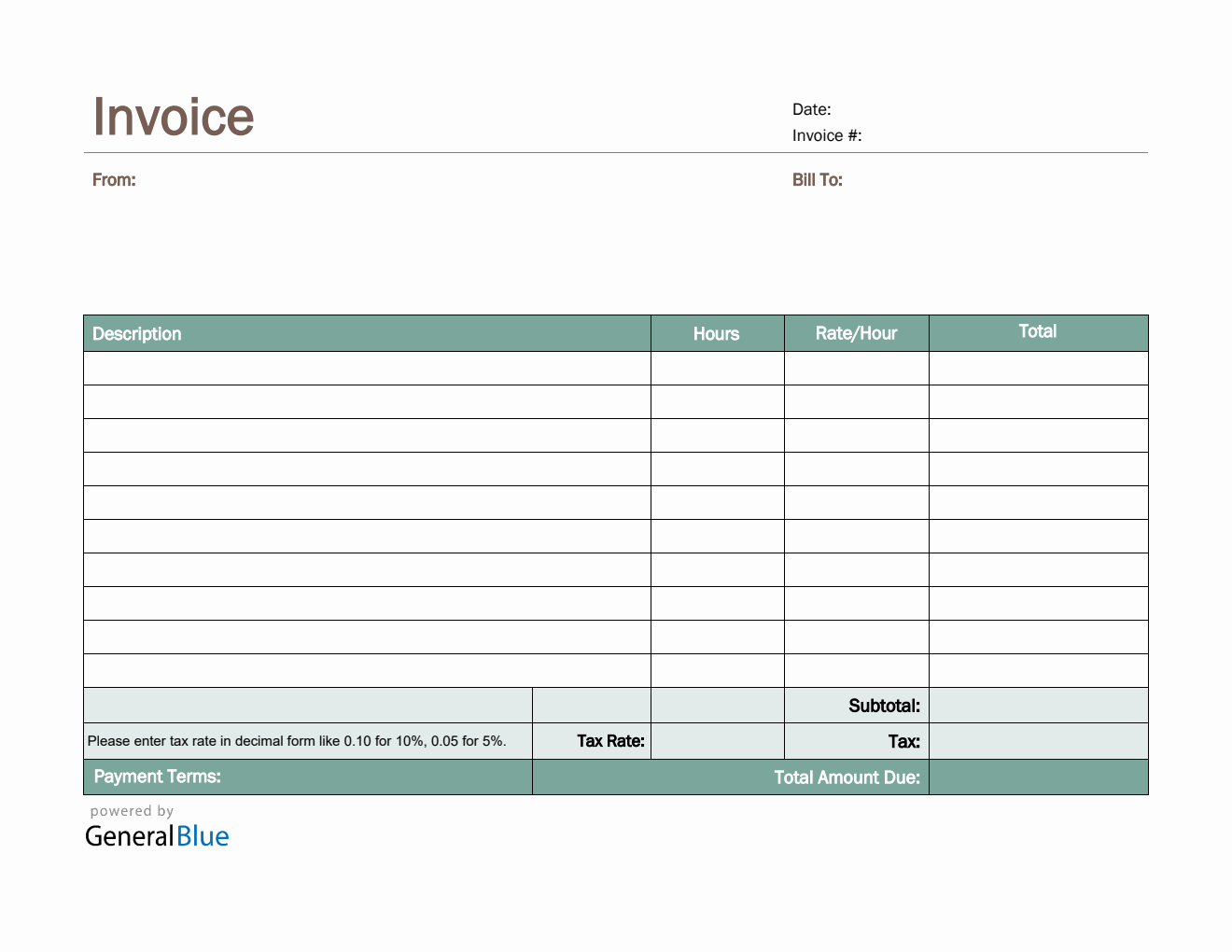 PDF Invoice Template for U.S. Freelancers With Tax calculation (Green)