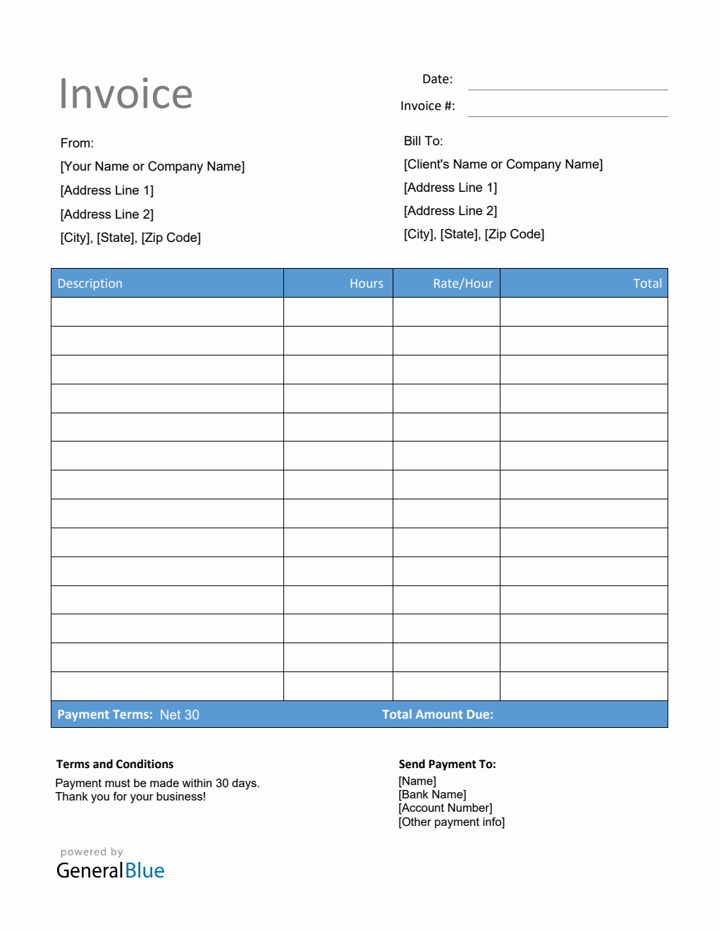 Invoice Template for U.S. Freelancers in PDF (Blue)