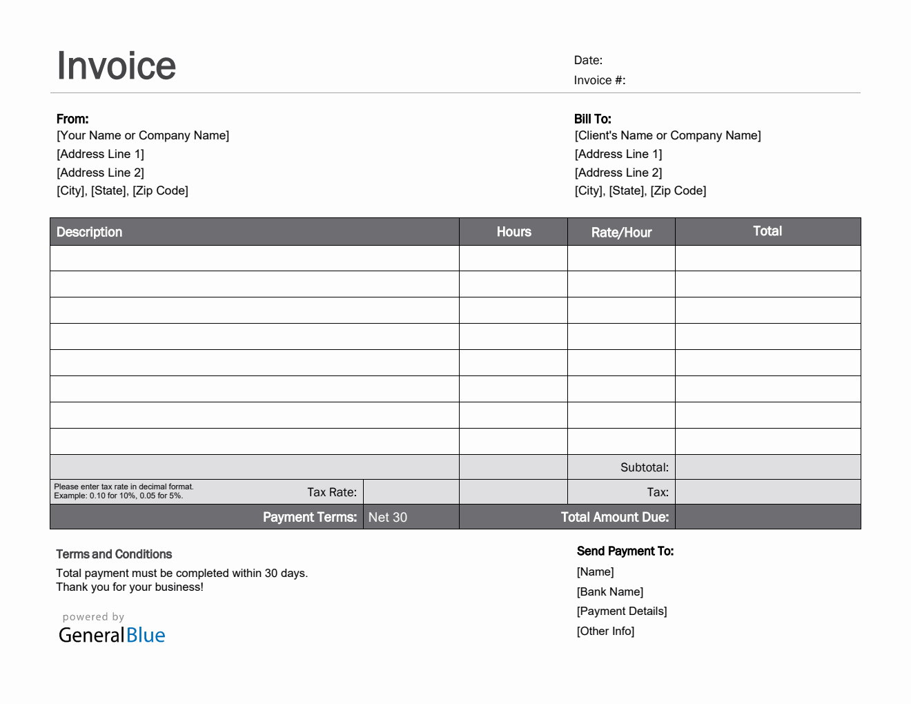 PDF Invoice Template for U.S. Freelancers With Tax calculation (Simple)