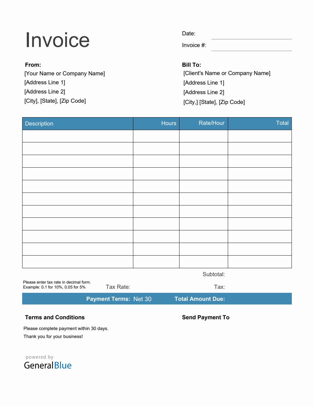 PDF Invoice Template for U.S. Freelancers With Tax calculation (Blue)