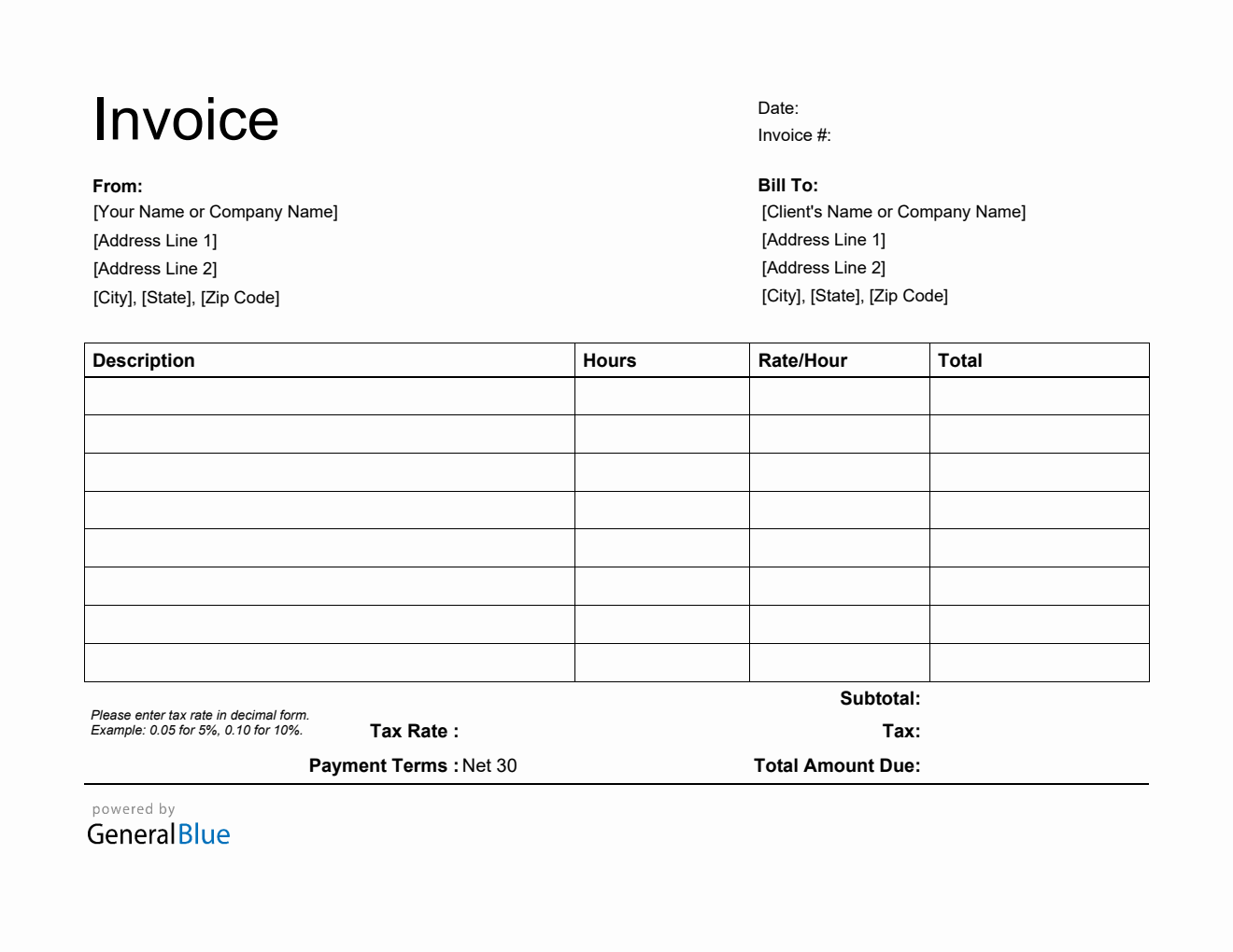 PDF Invoice Template for U.S. Freelancers With Tax calculation (Printable)