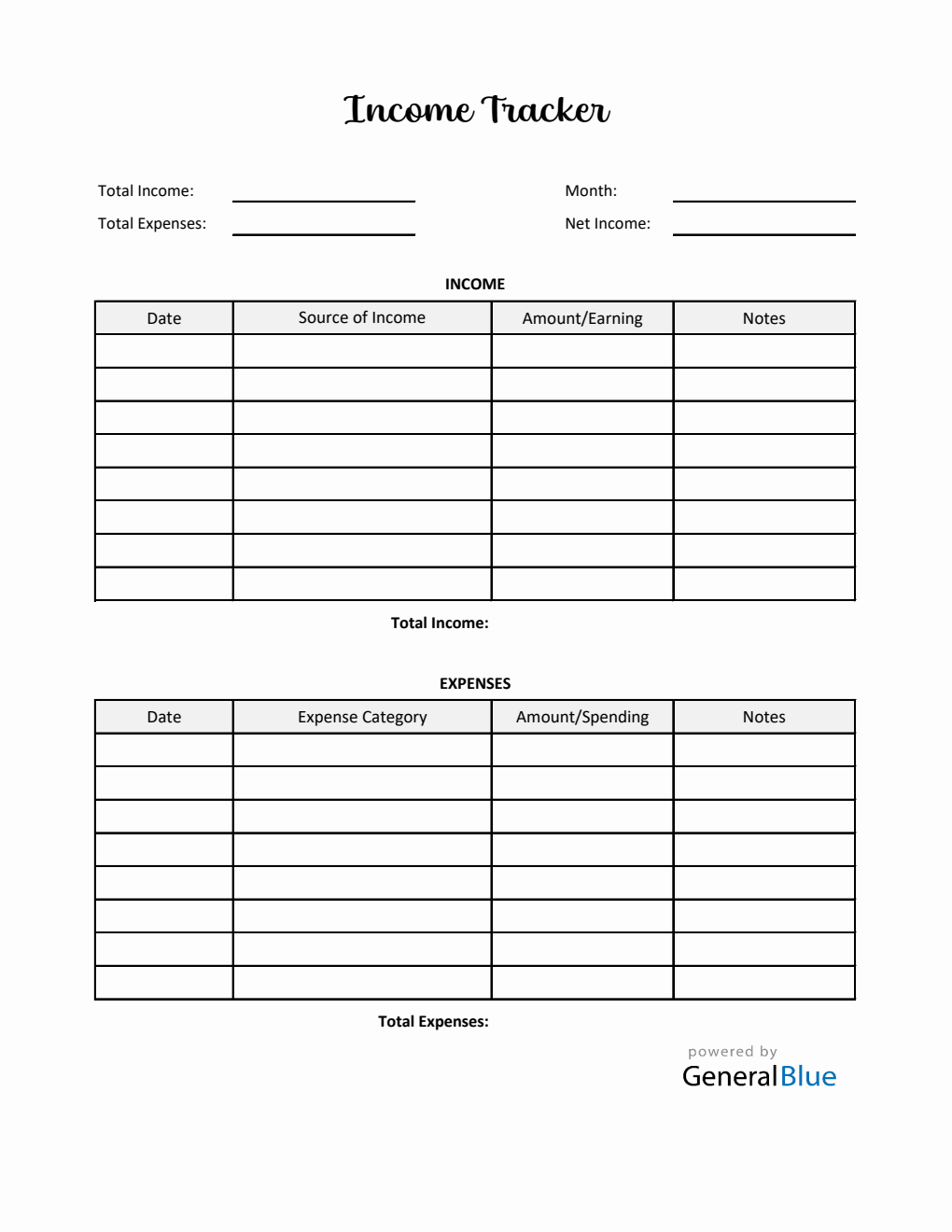 Printable Income Tracker in Excel