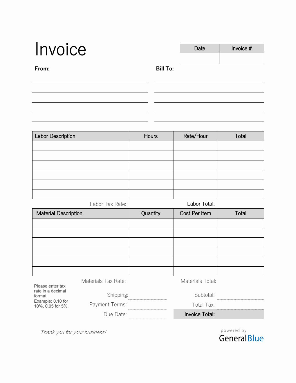 Labor and Materials Invoice in PDF (Simple)