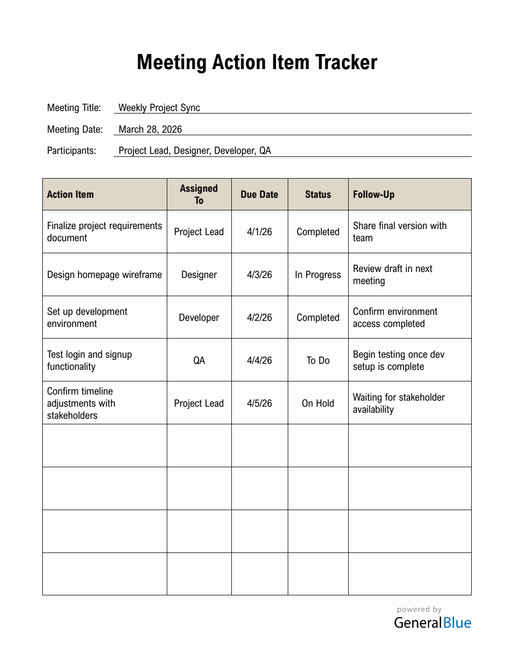 Free Customizable Meeting Action Item Tracker (Word)