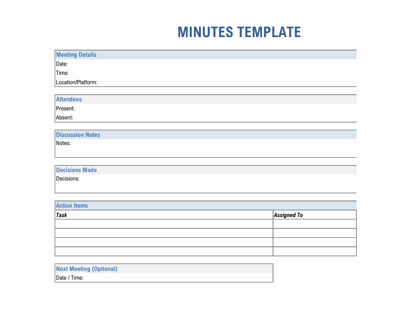 Free  Minutes Template (Excel Format)