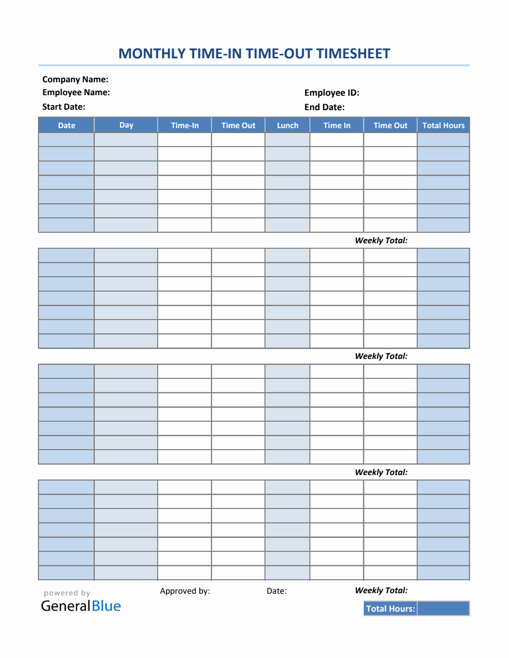 Monthly Time In Time Out Timesheet in Excel