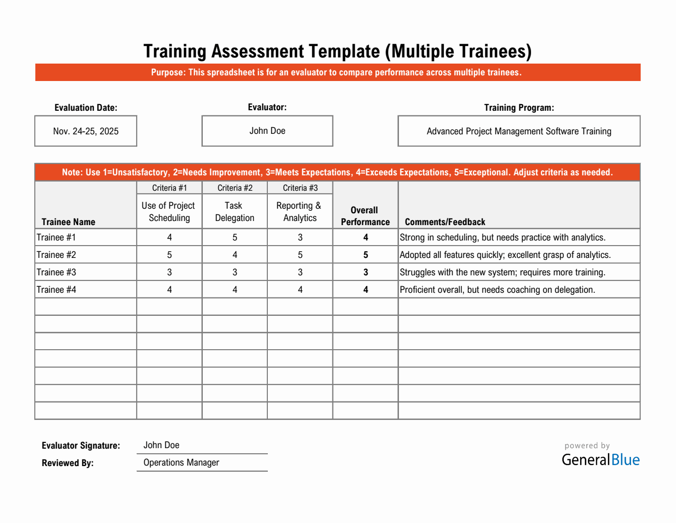 Multi-Employee Training Assessment Excel Form (Fillable)