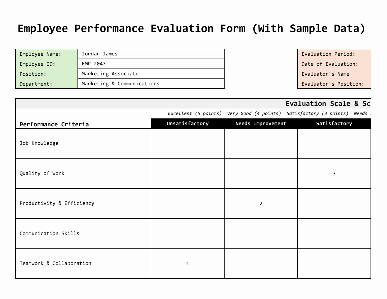 Excel Employee Performance Evaluation Form with Sample Data and Auto-Calculations