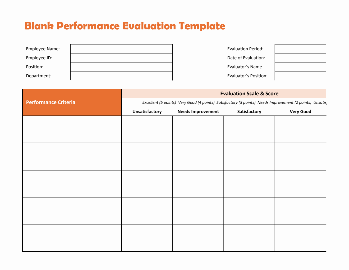 Excel Employee Performance Evaluation Form with Sample Data and Auto-Calculations