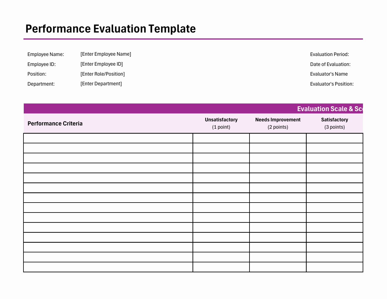 Excel Performance Evaluation Template