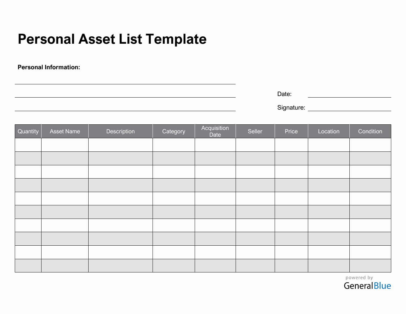Personal Asset List Template in Word