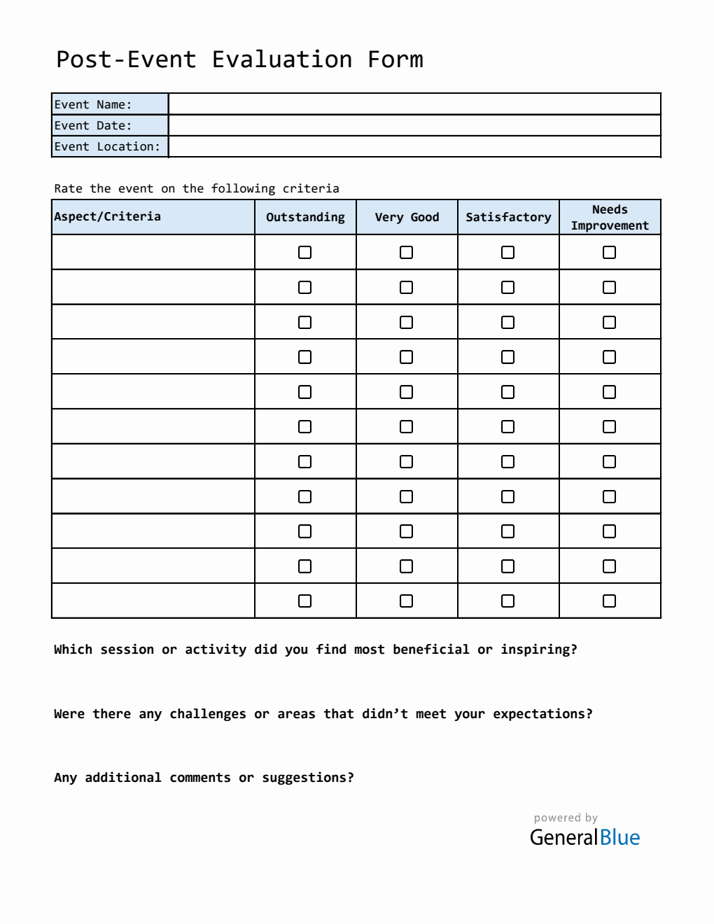 Free Post-Event Evaluation Form | Downloadable in Excel Format