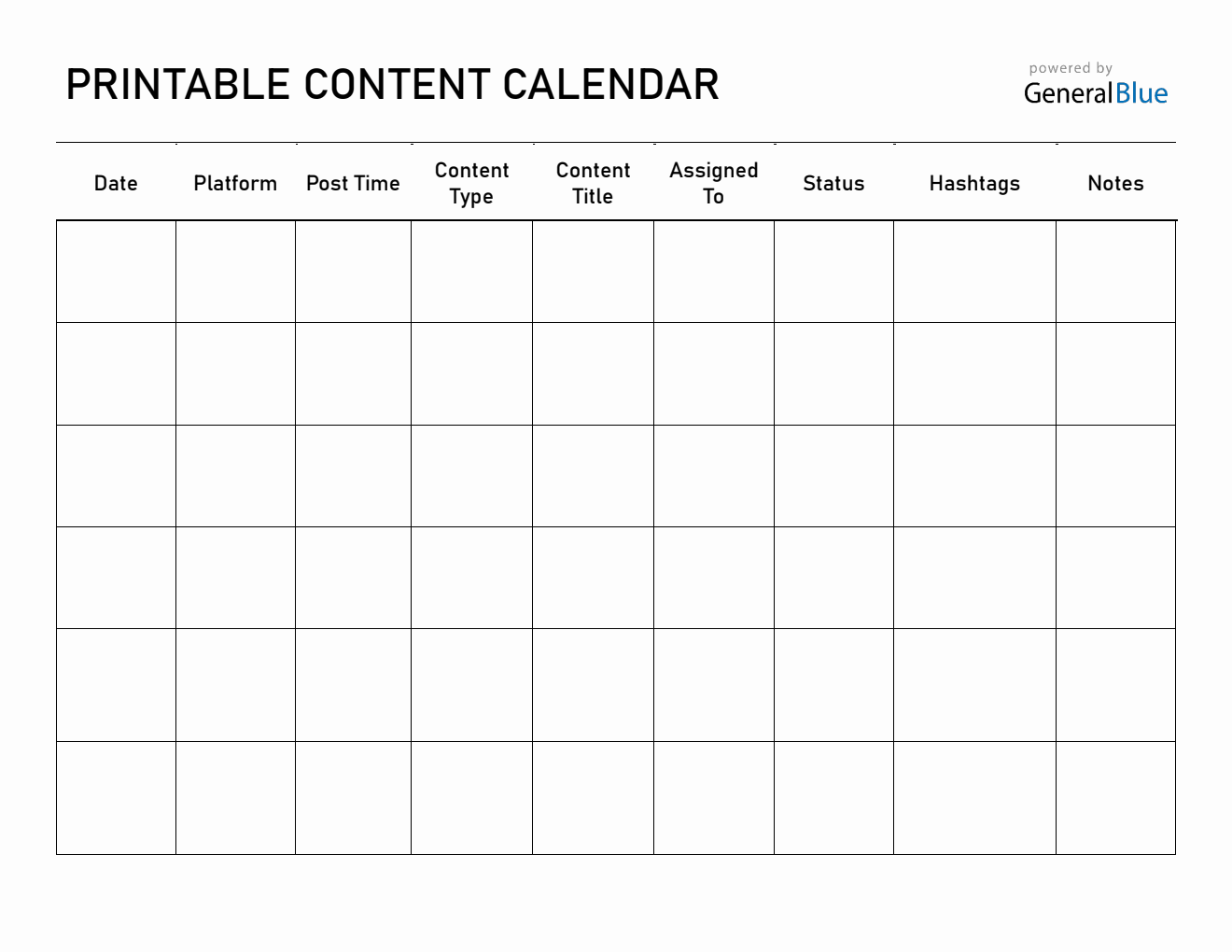 Blank Content Calendar | Free to Download in PDF Format
