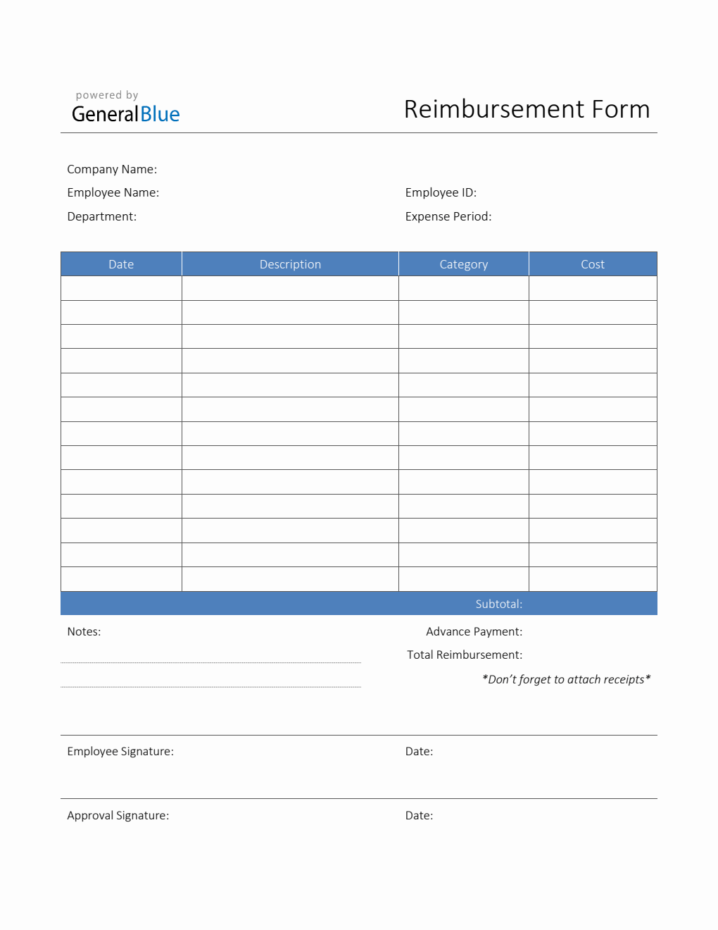 Printable Reimbursement Form in Word (Blue)