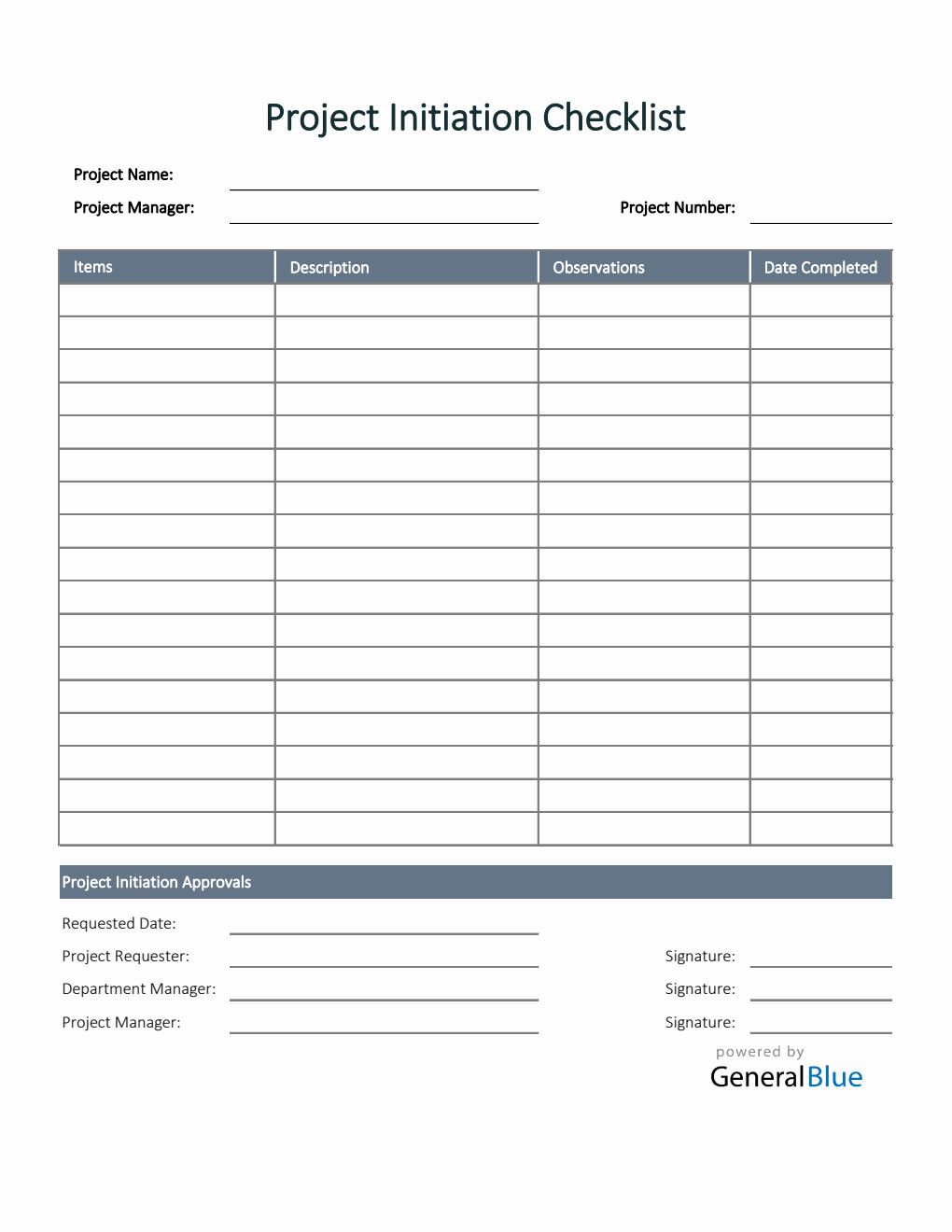 Project Initiation Checklist in Excel