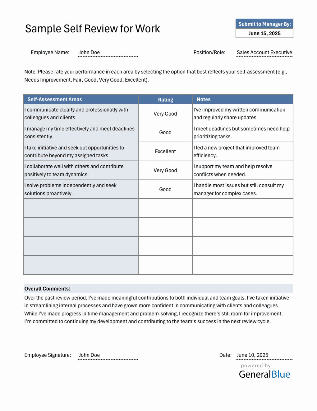 Free  Employee Self-Assessment Template for Work (Excel)