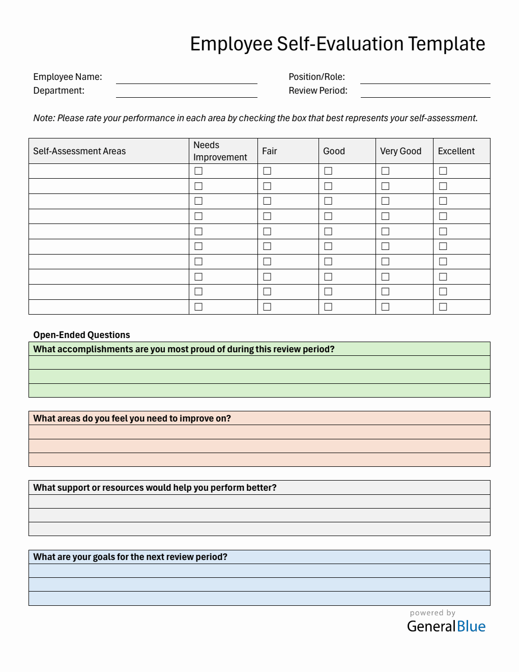 Downloadable Employee Self Evaluation Performance Review Template (PDF)