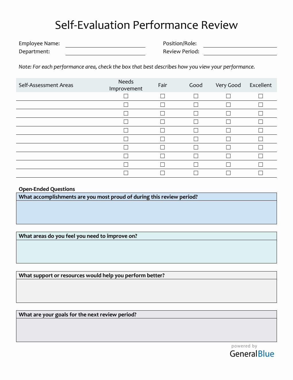  Employee Self Evaluation Performance Review Template (PDF)