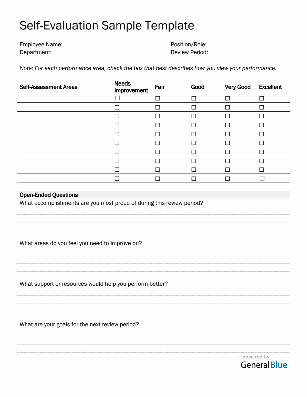 Printable Employee Self Evaluation Performance Review Template (PDF)