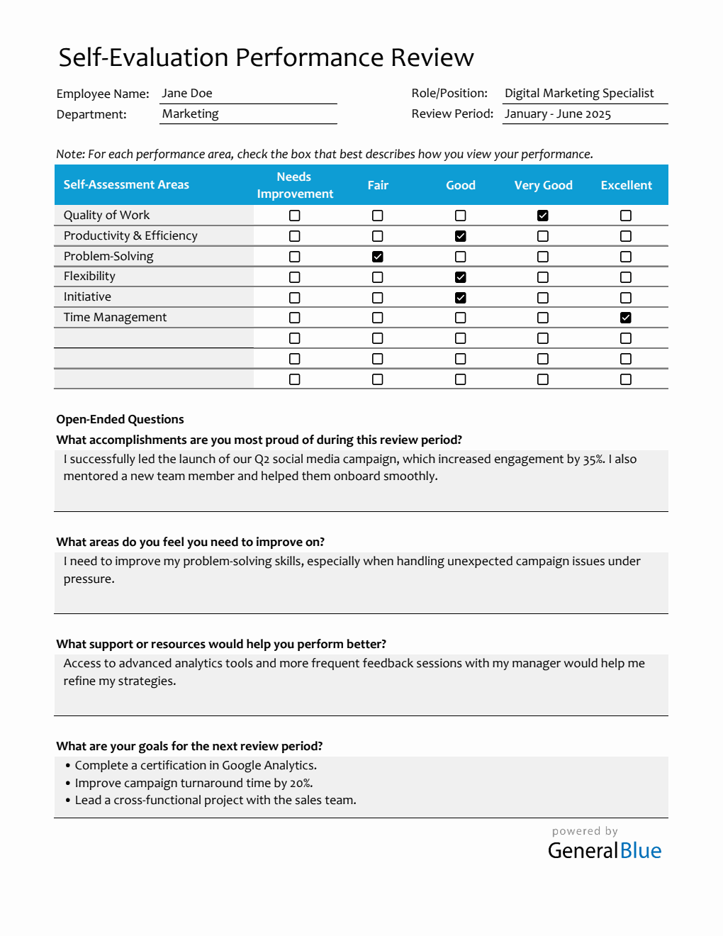  Employee Self Evaluation Performance Review Template (Excel)