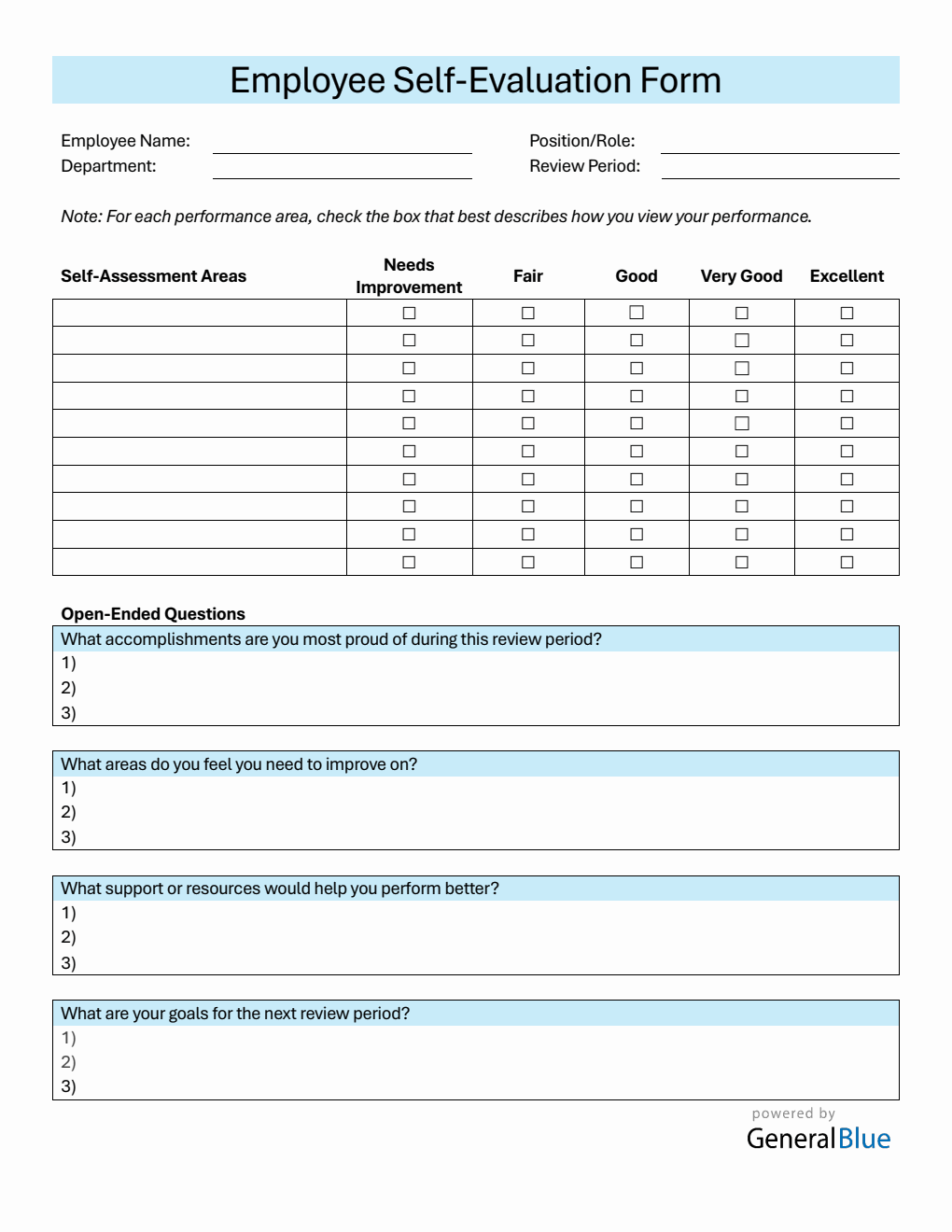 Customizable Employee Self Evaluation Performance Review Template (PDF)