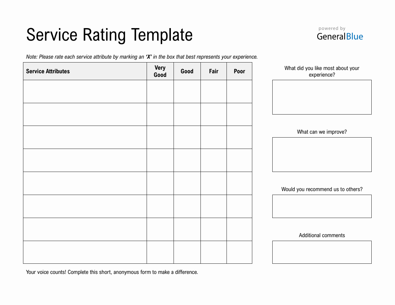 Service Review Template Word - Printable Landscape