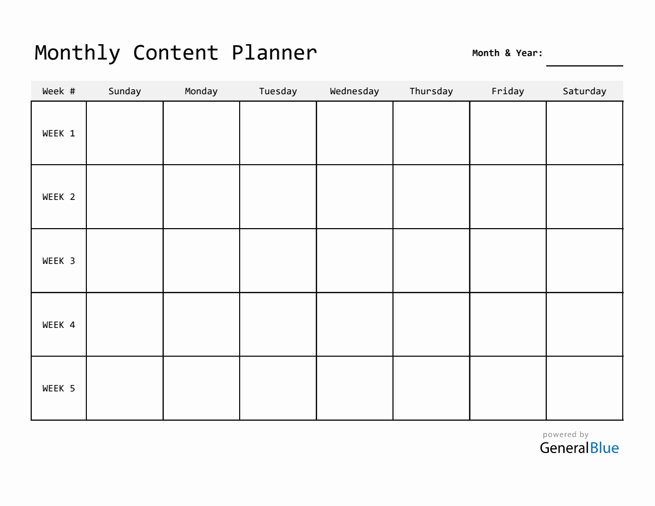 Printable Social Content Calendar (Excel)