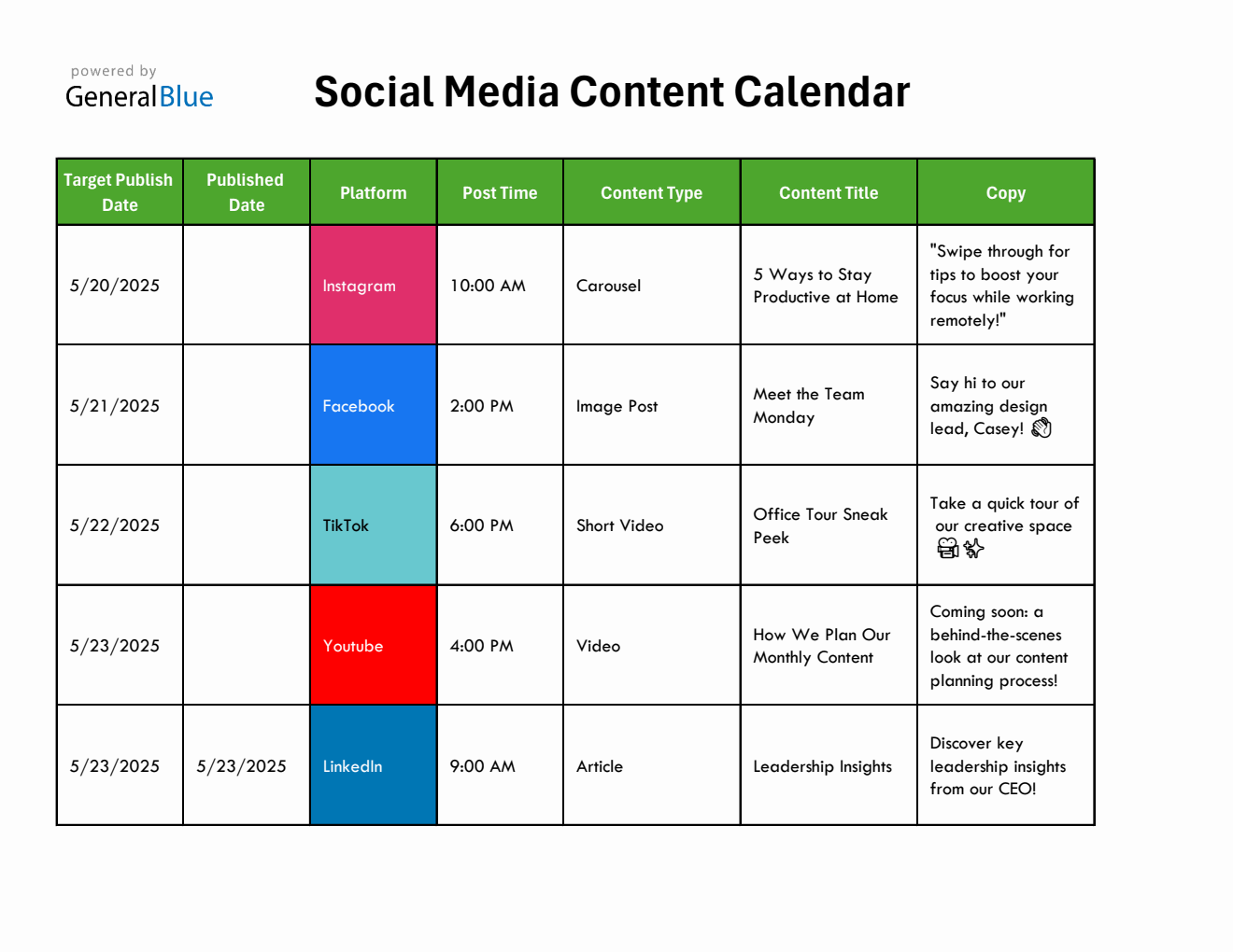 Free Social Media Editorial Calendar in Excel