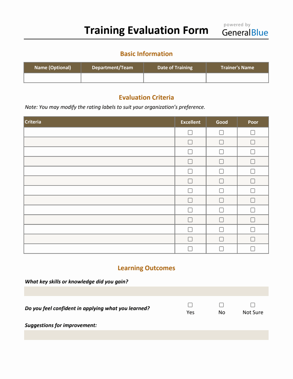 Customizable Training Evaluation Form – Free Download in Excel