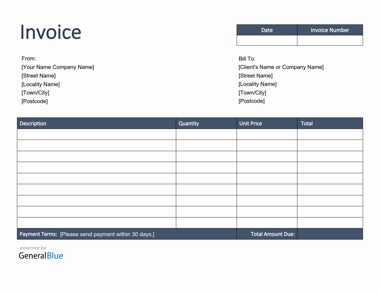 Invoice Template for U.K. in PDF (Bordered)