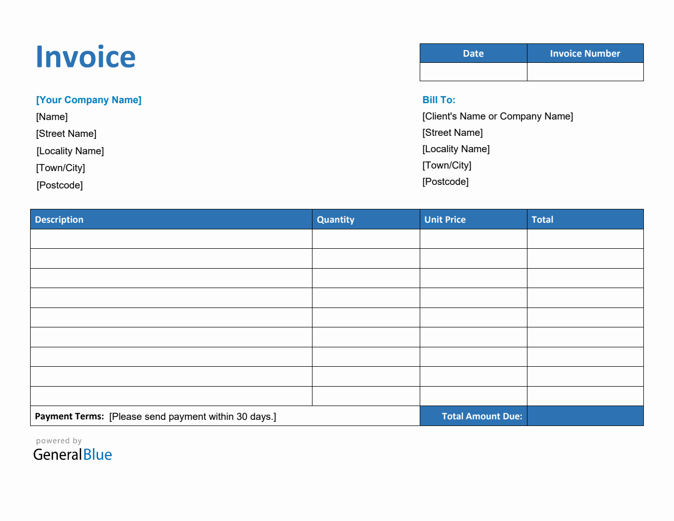 Invoice Template for U.K. in PDF (Blue)
