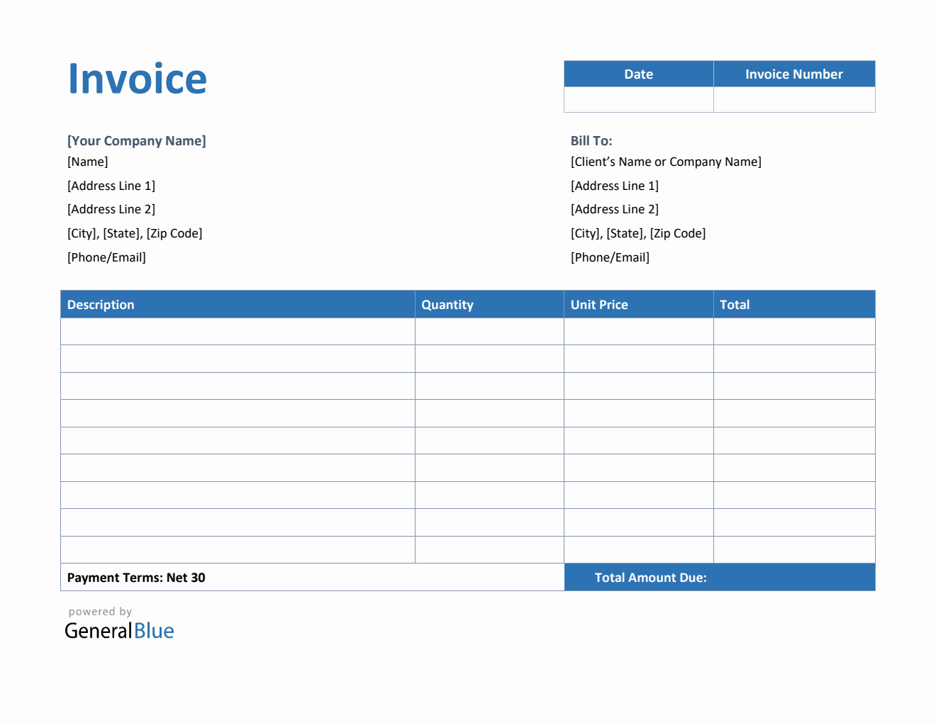 U.S. Invoice Template in Word (Blue)